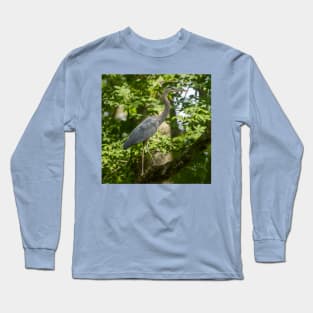 Great Blue heron high a tree Long Sleeve T-Shirt